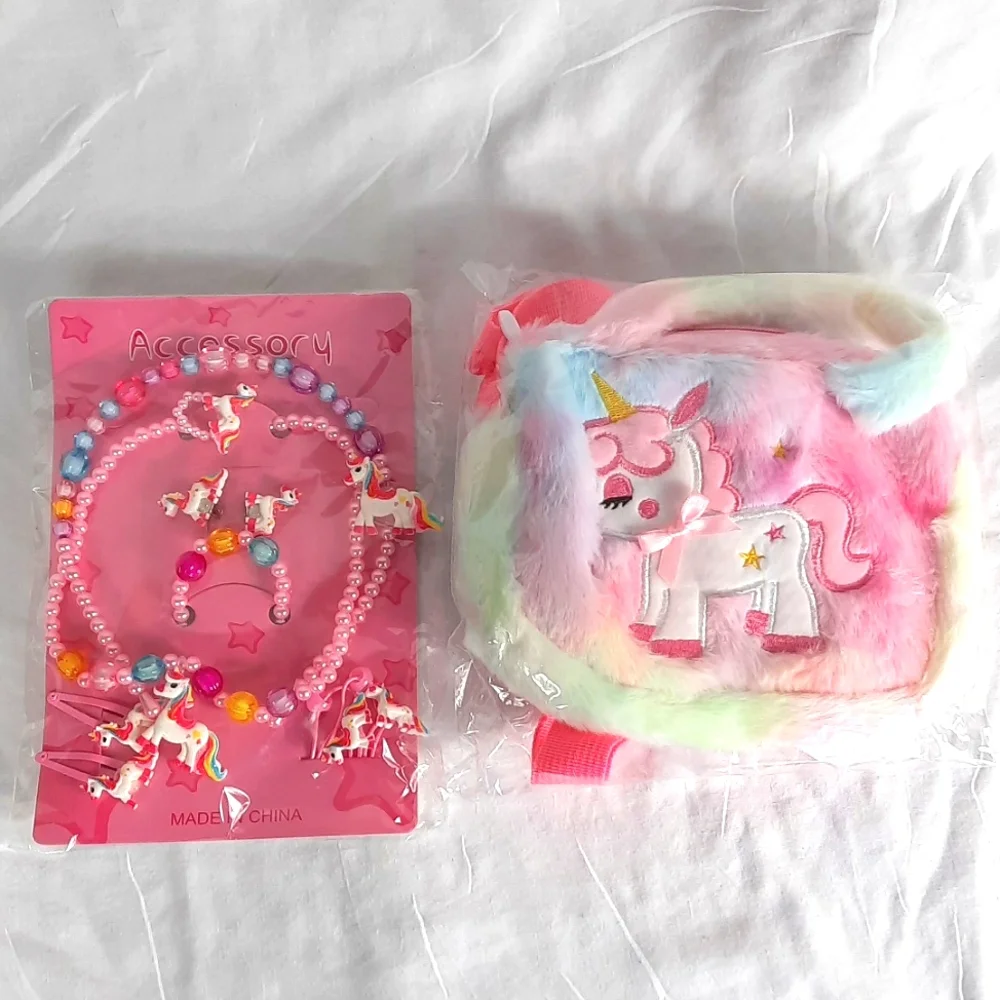 Pink Handbag with Plush Texture and Cartoon Design